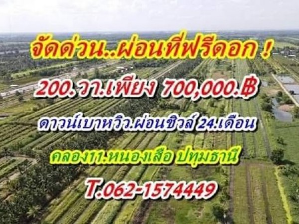 จัดด่วนผ่อนที่ฟรีดอกที่ดินคลอง11หนองเสือราคาเบาผ่อนสบาย. T.062-1574449