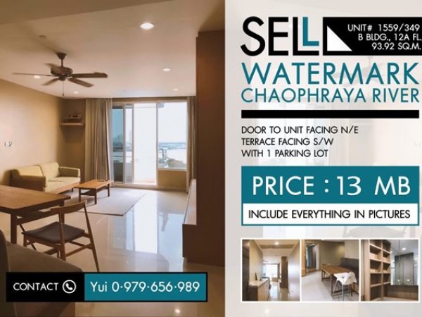 ขายพร้อมผู้เช่า คอนโด Watermark Chaophraya River 94 ตรม. ชั้น 12A ตึก B โทร. 0979.656.989 เจ้าของขายเอง pet-friendly เลี้ยงน้องหมาน้องแมวขนาดเล็กได้